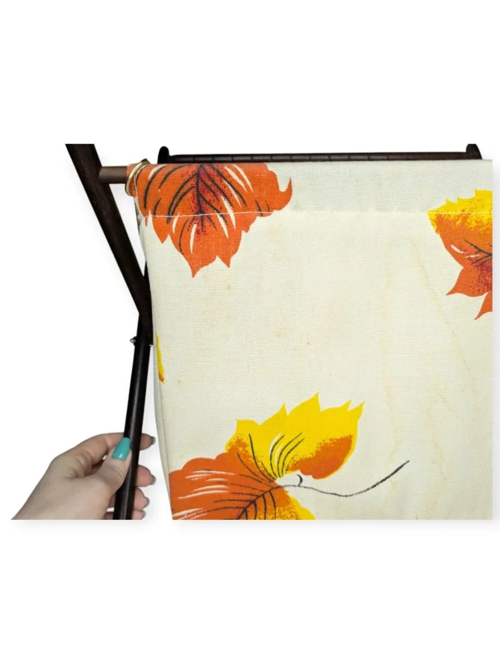 Mid-Century Leaf Print Fabric Knitting Basket Fall Autumn Wood Freestanding